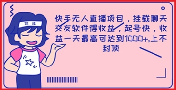 【创业好项目】快手无人直播项目，挂载聊天交友软件得收益，起号快，收益一天最高可达到1k