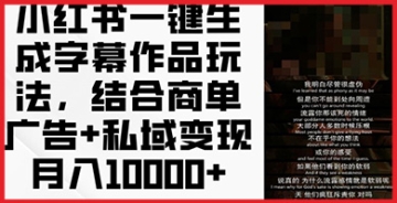 【创业好项目】小红书一键生成字幕作品玩法，结合商单广告+私域变现月入1w+